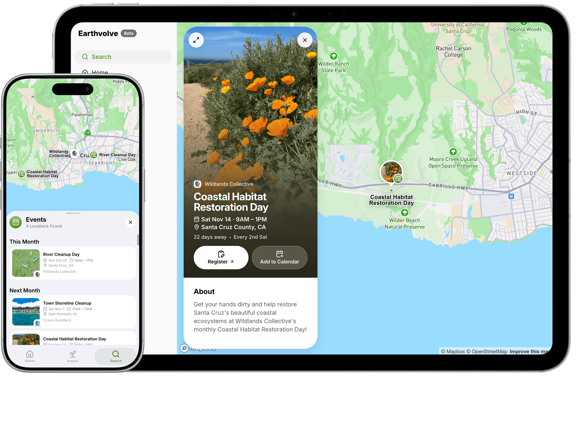Search map showing events and organizations